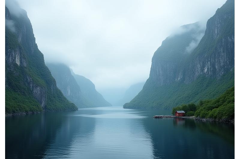 Naturlig landskap i norsk fjord med fjell og grønn vegetasjon